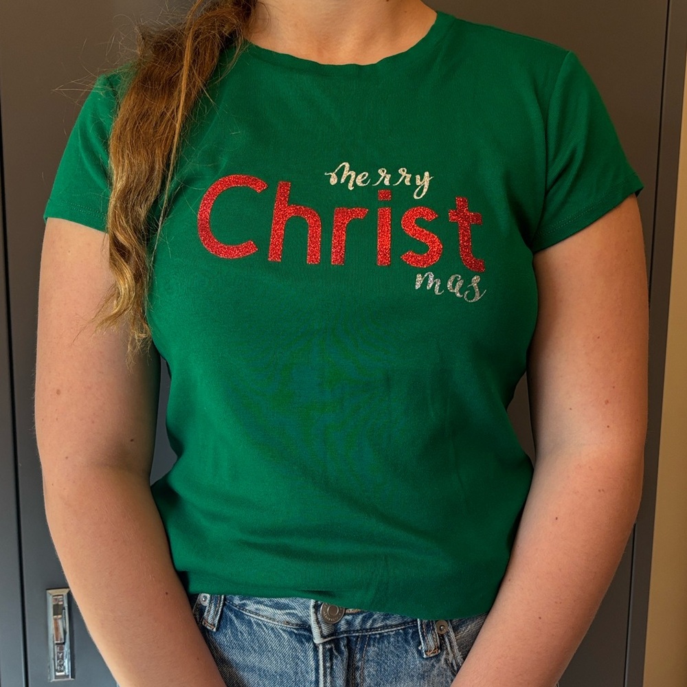 Liz Claiborne Glitter Merry Christ mas Christian Green T Shirt Size Large